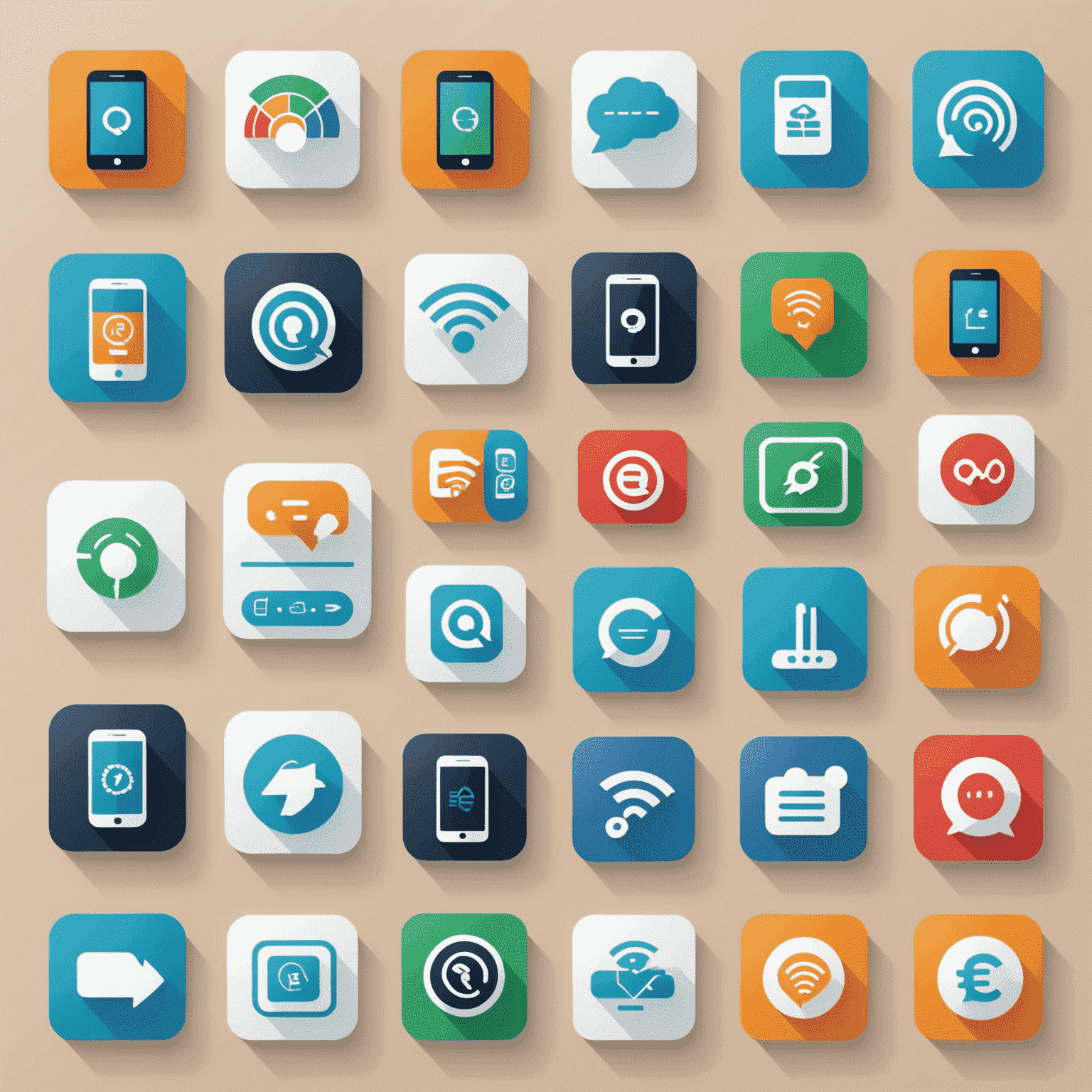 A collage showcasing various mobile communication services including recharge, quick pay, network coverage, and customer support icons