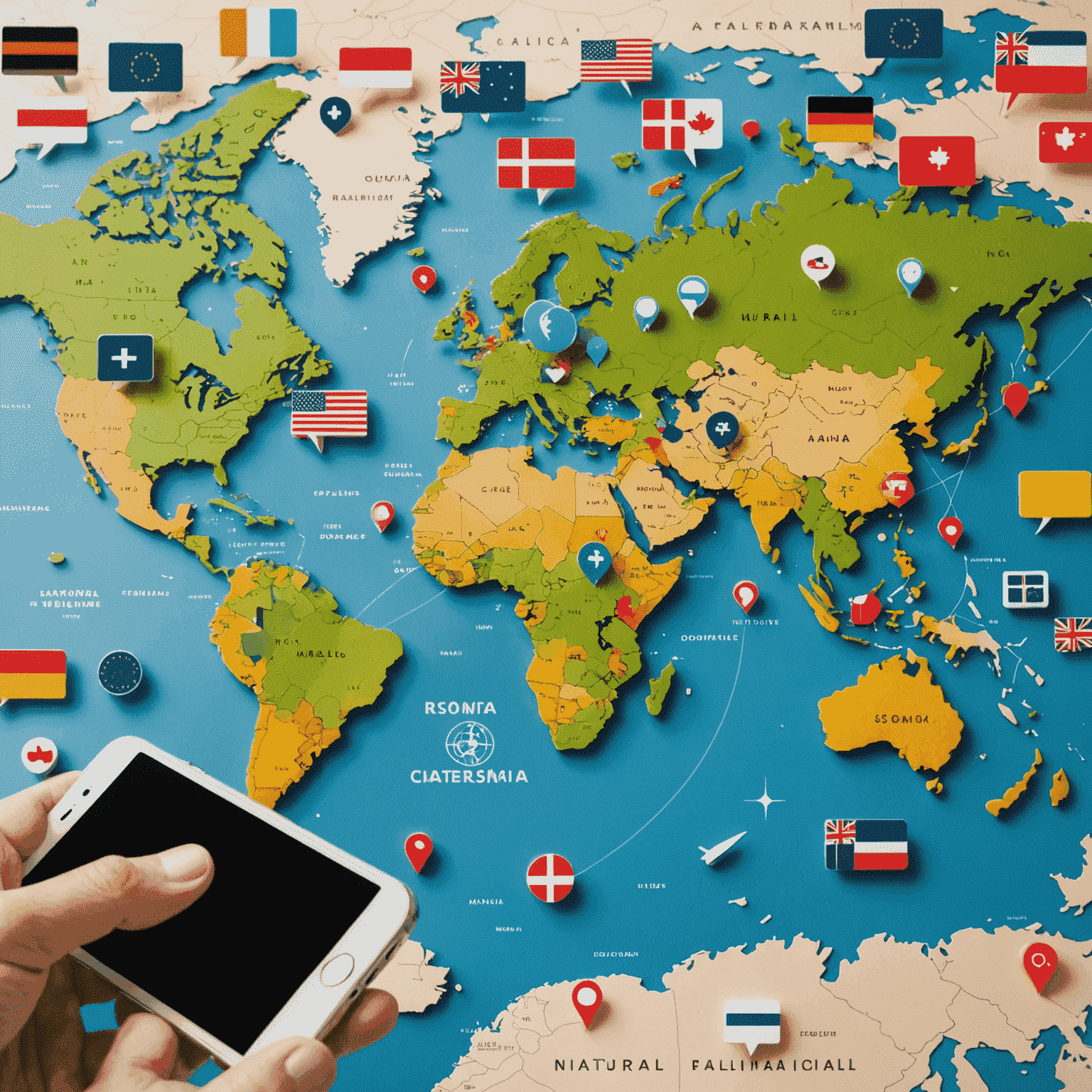 A world map with mobile phone icons scattered across different countries, representing international roaming coverage
