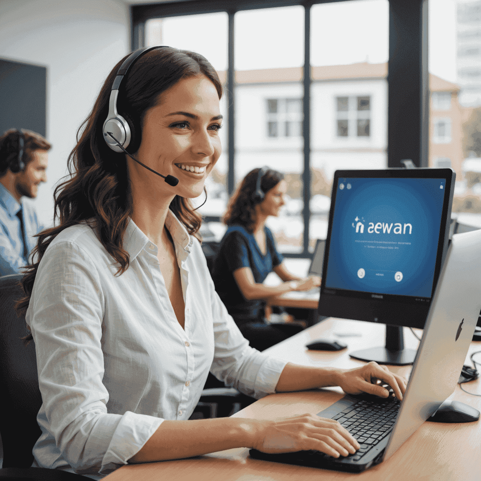 A friendly customer support representative wearing a headset and smiling, sitting at a desk with a computer screen showing mobile communication-related information