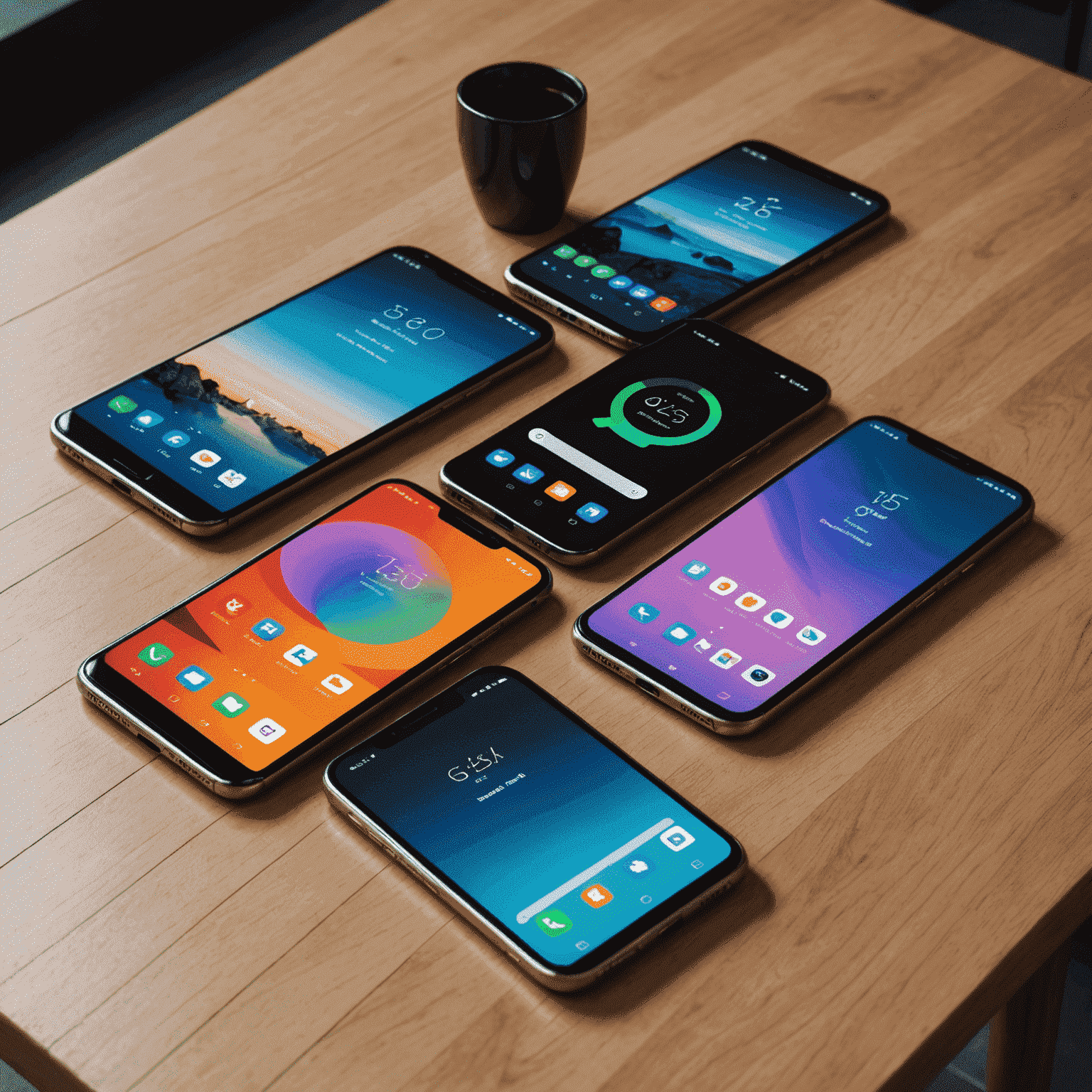Various new smartphone models displayed on a sleek table with their screens showing different features