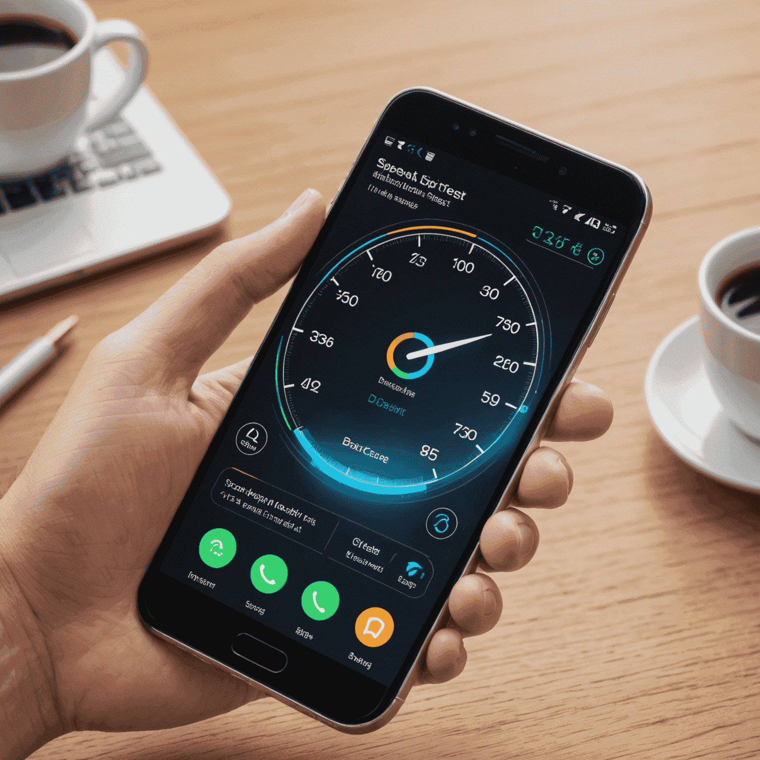 Smartphone displaying a speed test result and various app icons, representing high-speed data usage