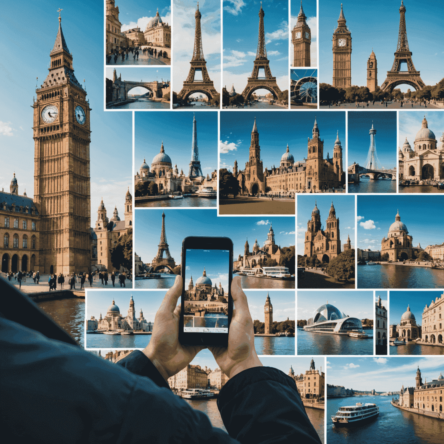 A collage of famous landmarks from around the world with a person using a smartphone in the foreground, symbolizing global connectivity through international roaming