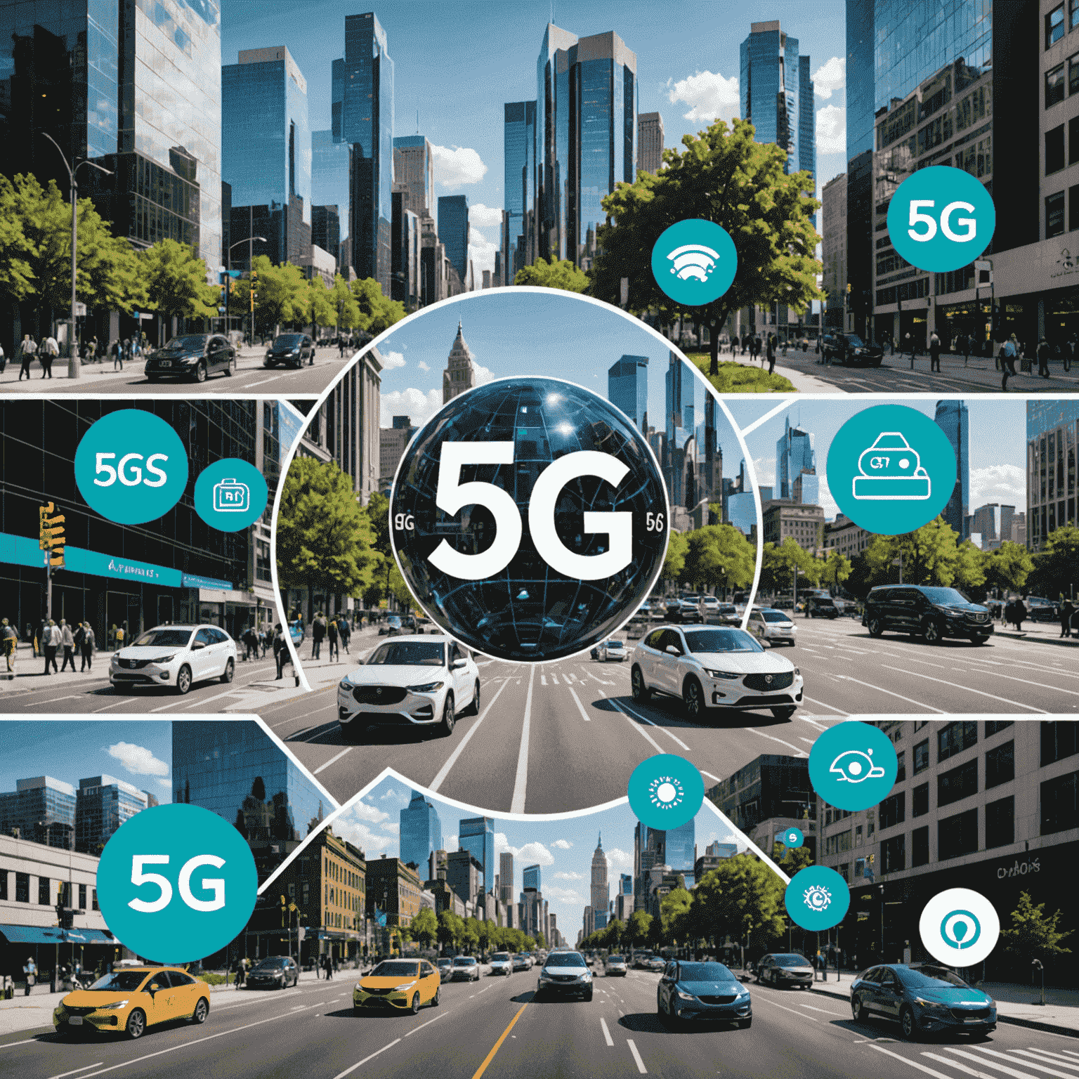 A collage showcasing various 5G applications including smart cities, telemedicine, autonomous vehicles, and augmented reality experiences