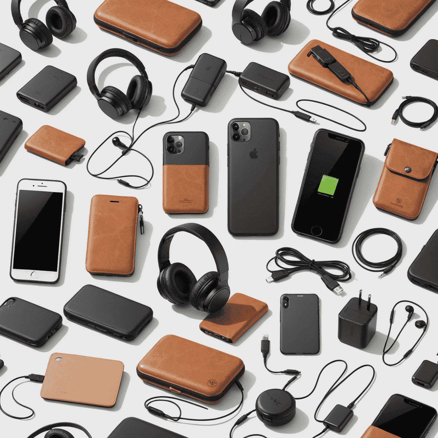 Various mobile accessories including headphones, cases, chargers, and screen protectors